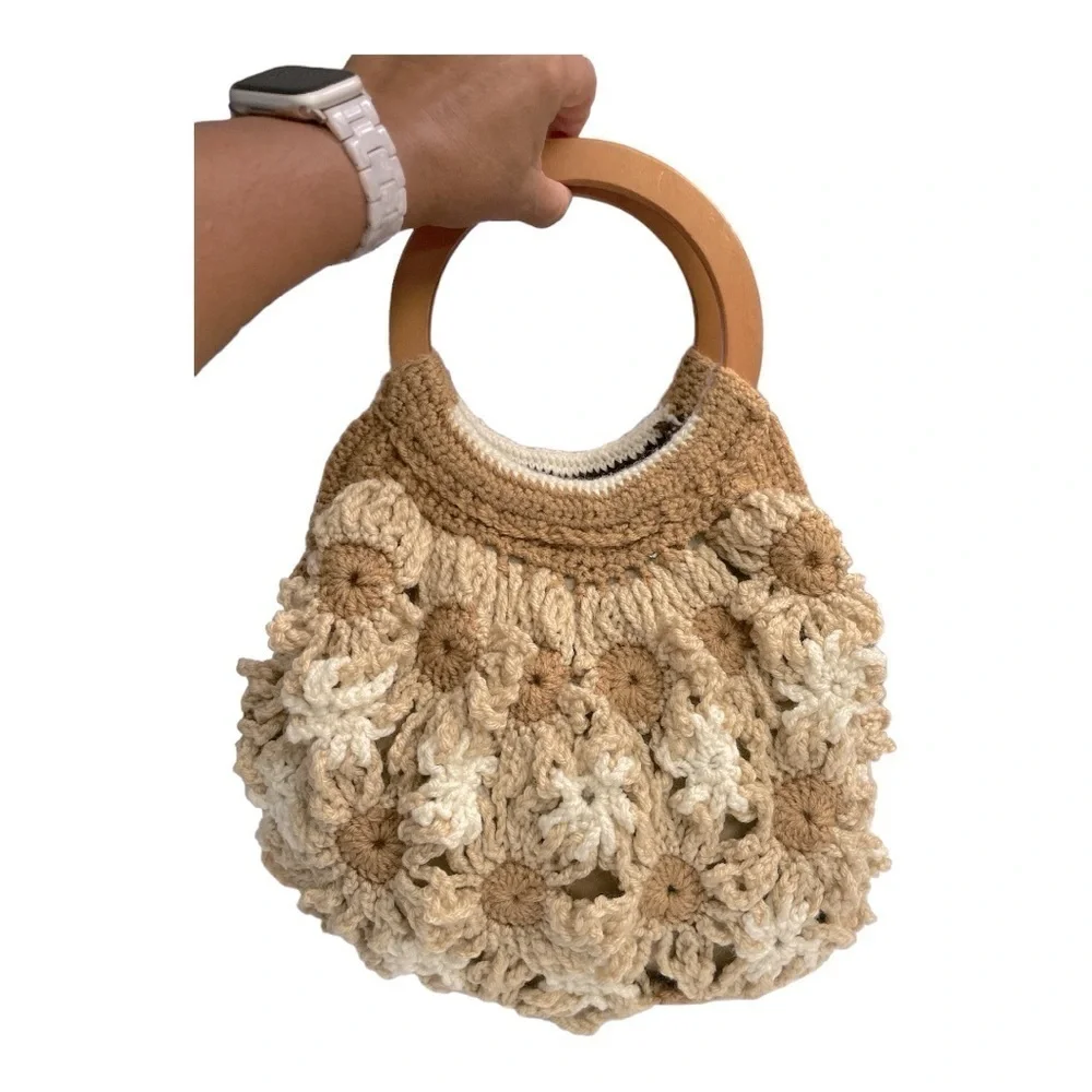 Vintage Handmade Floral Crochet Granny Style Bag, tan /cream wooden handles